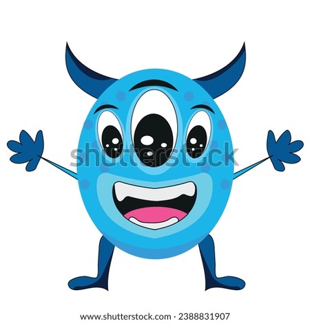 cute blue monster with three teeth, blue horns and cute smile wants to hug, doodle style