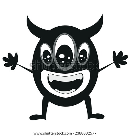 cute black monster with three teeth, blue horns and cute smile wants to hug, doodle style