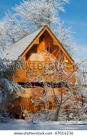 A Winter Log Cabin on a beautiful sunny frosty day