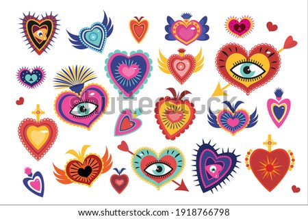 Mexican sacred hearts set, spirit mystical miracles heart. Day of the dead Dia de los Muertos holiday. Vector illustration