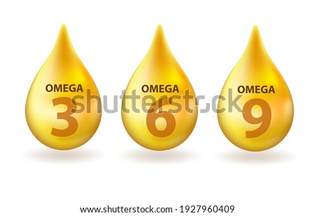 Vitamin Omega 3, 6, 9 drop realistic 3d style. Fish fat. Healthy lifestyle vector concept