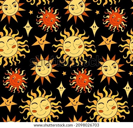 Retro sun smiley face seamless pattern. Hippie groovy repeating texture. Mystical boho sun background. Vector illustration