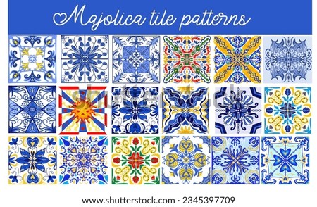 Majolica patterns set. Sicilian hand drawn blue ornament. Traditional blue and white ceramic tiles. Portuguese traditional azulejo pattern. Moroccan style.Vector illustration.