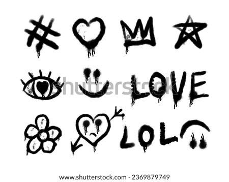 Graffiti drawing emo symbols set. Painted graffiti spray pattern of lightning, arrow, crown, star, heart and smile. Spray paint elements. Vector illustration