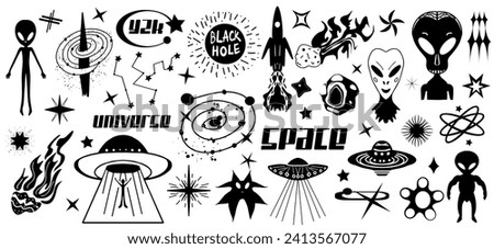 Sci-fi icons set. Ufo, space, universe, future. Flying saucer, Alien symbol, stars, comets. Black silhouettes, tattoo style print for T-shirts, logo element. Vector Illustration