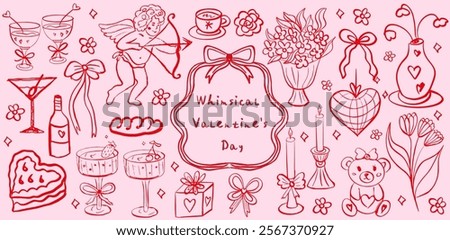 Whimsical coquette food and wine red and pink background. La dolce vita concept. Design elements for Valentines Day greeting cards, wedding invitations, birthday. Vector illustration