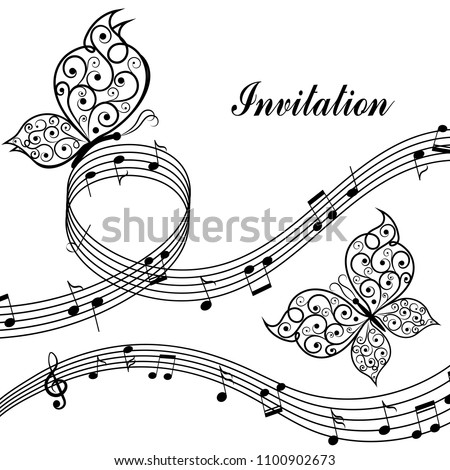 Musical design elements with treble clef, notes and butterflies in black and white style. Vector Illustration isolated on white background.