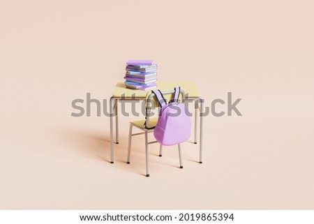 school desk full of books with pink backpack hanging on the chair on pastel beige background. minimalistic scene. concept of education and back to school. 3d rendering