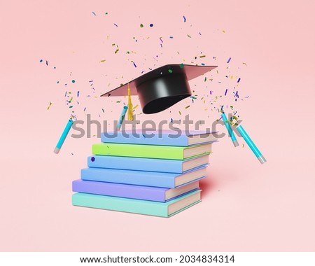 stack of books on steps with a graduation hat on top and tubes shooting confetti. concept of celebration, graduation, success and perseverance. 3d rendering Photo stock © 