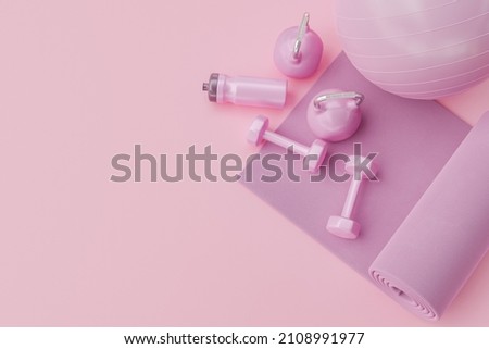 top view of pink exercise accessories with space for text. minimal concept of yoga, home exercise, healthy living and fitness. 3d rendering Foto d'archivio © 