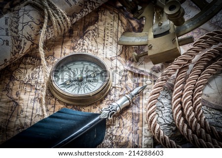 vintage  still life with compass on the old map.