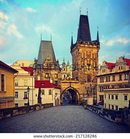 view on the Prague ,Charles bridge ,Lesser Bridge Tower. instagram effect