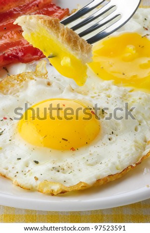 close-up of fried egg and bacon on a plate