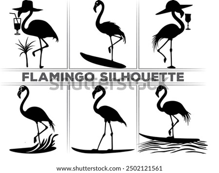 Surfer flamingo vector silhouette, black summer flamingo silhouette, Black silhouette of tropical bird flamingo Clipart