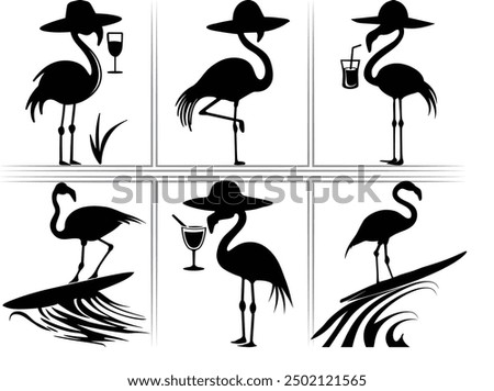 Surfer flamingo vector silhouette, black summer flamingo silhouette, Black silhouette of tropical bird flamingo Clipart