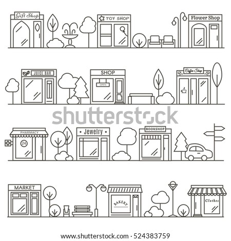 Set of City Shops and Stores Buildings Icons. Line style vector illustration.