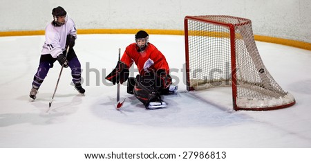 Ice hockey player shoots and scores