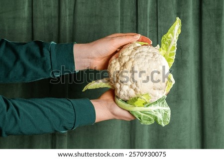 Similar – Image, Stock Photo Hand holding a cauliflower against a neutral background. Healthy food.