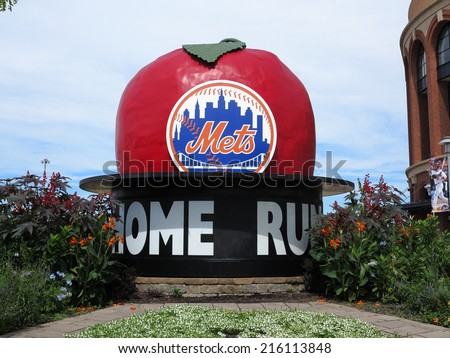 NEW YORK - SEPTEMBER 3: Famous Home Run Apple from demolished Shea Stadium on display outside Citi Field on September 3, 2014 in New York. The apple now greets fans from the No. 7 train subway.