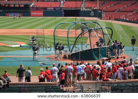ST. LOUIS - SEPTEMBER 18: Batting practice before a baseball game at Busch Stadium between the Cardinals and Padres, with both teams fighting for a playoff berth, on September 18, 2010 in St. Louis.