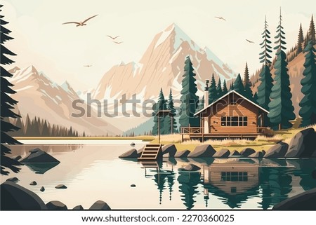 Serene Mountain Lake Cabin Amidst Lush Forest and Majestic Peaks: Flat Vector Illustration with Social Media Space

