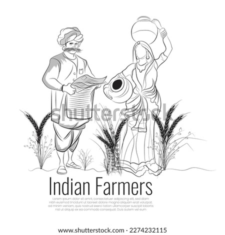 An illustration of Indian farmers, Wife and husband standing on their field, A line art of field workers