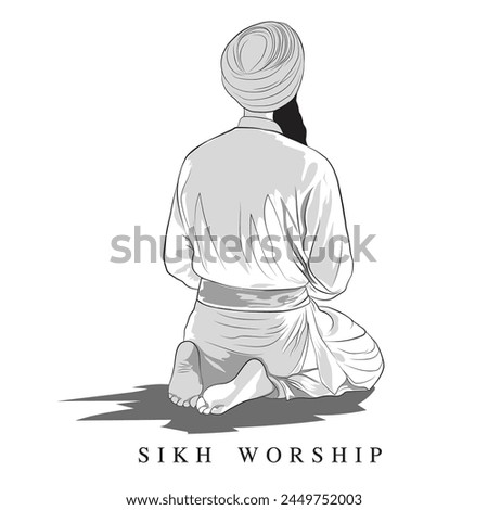 Hand drawn worshiping Sikh man, Vector illustration of Sikh community, An art of young person wearing turban