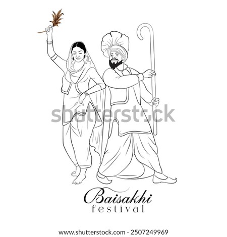 Hand-drawn drawing of Punjabi couple, Vector illustration of Punjab dance, Indian crops cutting season drawing