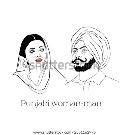 A hand-drawn line drawing of Punjabi couple, Sikh wearing turban illustration, A vector outline of Sikh community