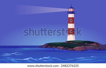 Scenic landscape with lighthouse on sea or ocean coast at night. Vector illustration