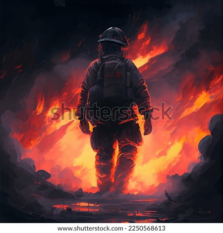 Silhouette of a firefighter going out into the fire