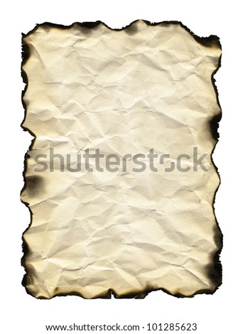Old sheet of paper with burnt edges isolated on white background
