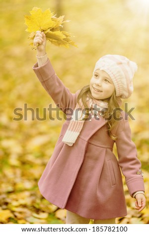Little girl in pelisse with yellow maple leaves beneath bright shining