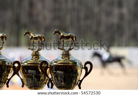 Gold winner cup for equestrian sport ( rider on horse background)