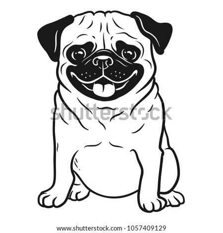 Pug dog black and white hand drawn cartoon portrait. Funny happy smiling pug, sitting and looking forward. Dogs, pets themed design element, icon, logo.