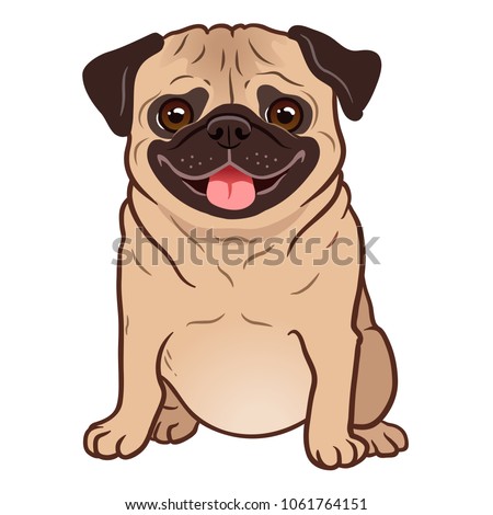 Pug dog cartoon illustration. Cute friendly fat chubby fawn sitting pug puppy, smiling with tongue out. Pets, dog lovers, animal themed design element isolated on white.