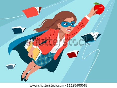 Young woman in cape and mask flying through air in superhero pose, looking confident and happy, holding an apple and folder with papers, open books around. Teacher, student, education learning concept Foto d'archivio © 