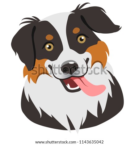 Dog face portrait cartoon illustration.  Cute friendly herding dog smiling with tongue out. Pets, dog lovers, animal themed design element isolated on white, contemporary flat vector style.