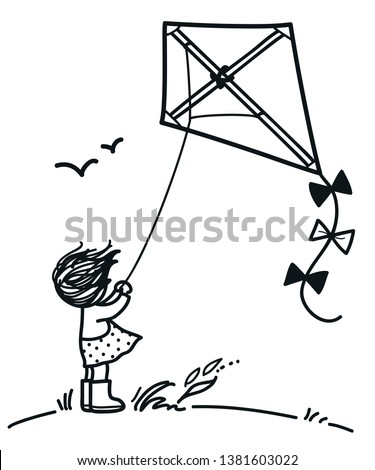 Little girl on a hill flying a kite on a windy day, with windswept hair cute black and white pen and ink style simple doodle vector cartoon hand drawn illustration. Children decor, coloring book page 