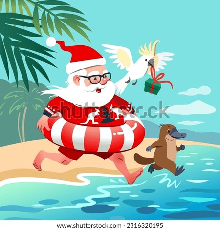 Happy cute Santa Claus on a sunny beach in Australia running into ocean with platypus and cockatoo