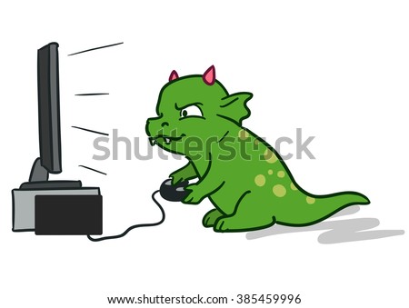 Vector hand-drawn cartoon character illustration of a cute green dragon monster sitting in front of flat big screen TV with game controller in hands, playing computer video games.