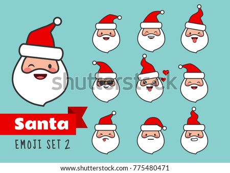 Vector cartoon simple flat line Santa Claus emoji set. Cute and funny different emotions Santa face stickers avatar portrait collection. Festive Christmas theme character design elements isolated.