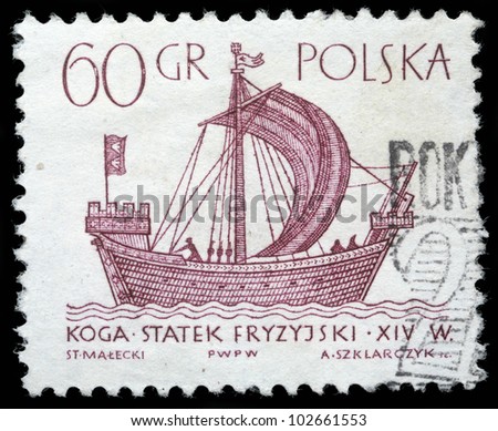 POLAND - CIRCA 1950s: A vintage postage stamp printed in Poland shows a vintage ship, circa 1950s