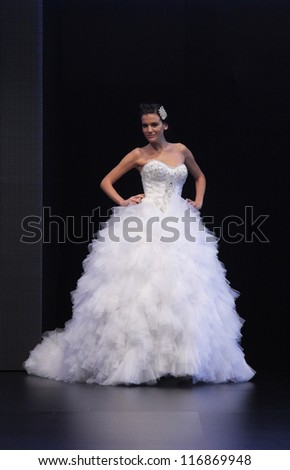 ZAGREB, CROATIA - OCTOBER 27: Fashion model wears wedding dress made by Vesna Sposa on \'Wedding days\' show, October 27, 2012 in Zagreb, Croatia.