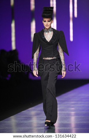 ZAGREB, CROATIA - MARCH 14: Fashion model wears clothes made by Ivica Skoko on 