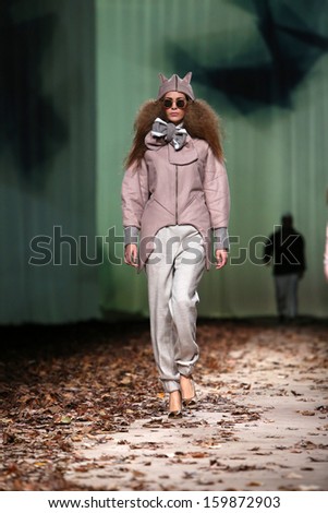 ZAGREB, CROATIA - OCTOBER 23: Fashion model wearing clothes designed by Jet Lag on the Cro a Porter show on October 23, 2013 in Zagreb, Croatia.