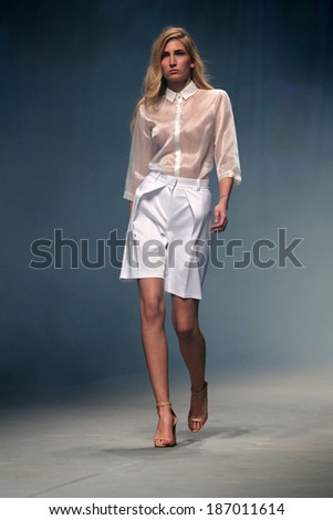 ZAGREB, CROATIA - APRIL 09: Fashion model wears clothes made by Manuel Maligec on \