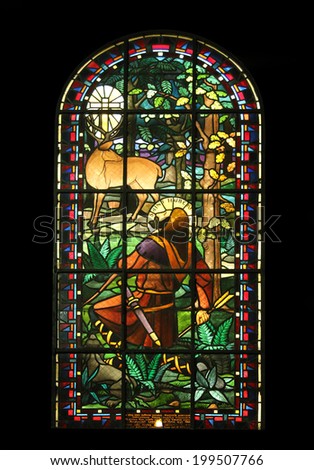 PARIS,FRANCE NOV 07: Saint Hubertus, Notre-Dame de Clignancourt church located in the 18th arrondissement of Paris. Completed in 1863. Windows are from the Art Deco period. On Nov 07 in Paris