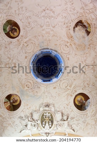 MONTEROSSO, ITALY - MAY 02: one of the Cinque Terre villages, UNESCO World Heritage Sites, Ceiling in the Oratory of the Dead, Monterosso al Mare, Cinque Terre, Liguria, Italy, on May 02, 2014