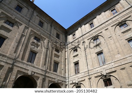 PARMA, ITALY - MAY 01,2014: Palace of Pilotta. Parma is famous for its ham, cheese and architecture. It is home to the University of Parma, one of the oldest universities in the world.